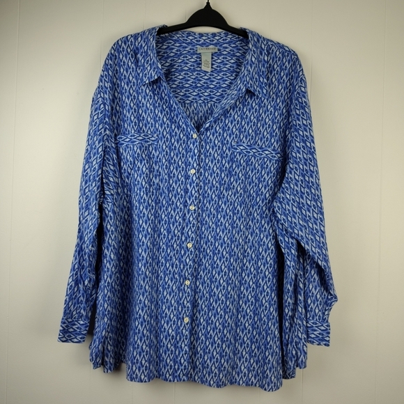 Catherines 5X 34/36W Blouse Blue White Roll Tab Sleeve - Picture 1 of 9